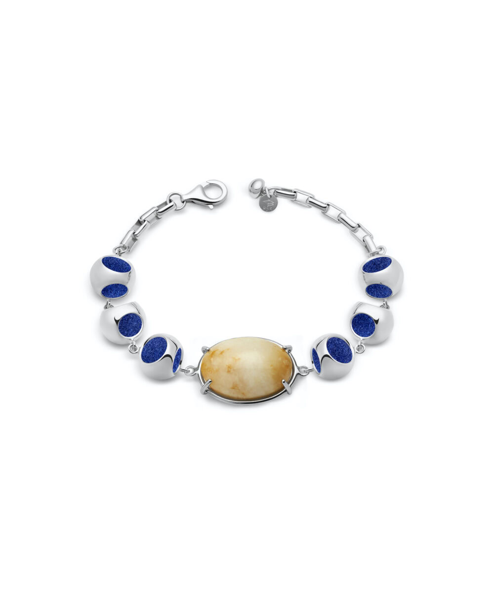 Elegant moonstone bracelet with blue accents for women.