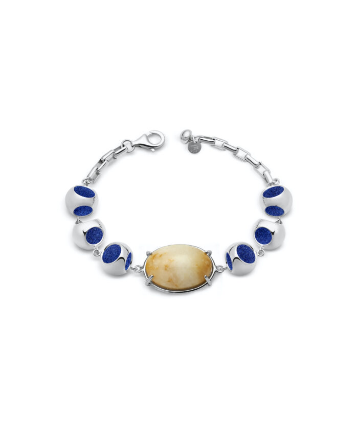 Elegant moonstone bracelet with blue accents for women.