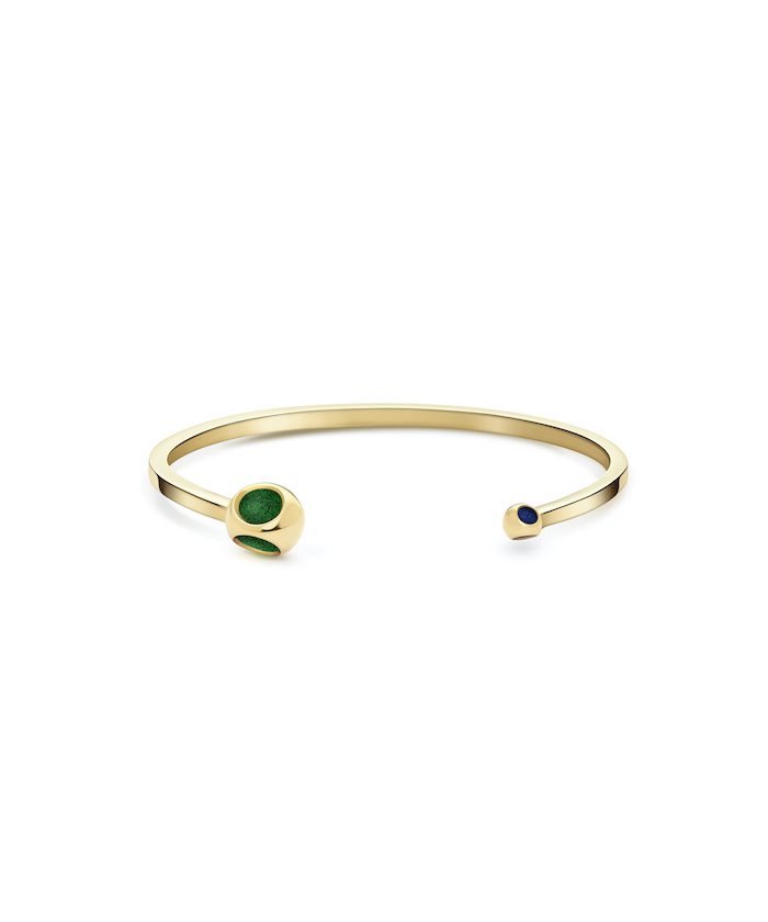 Elegant gold cuff bracelet with green and blue spherical accents. Perfect for chic, everyday jewelry.
