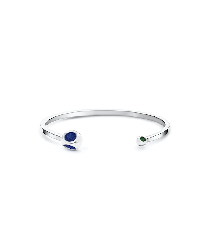 Elegant silver cuff with blue and green accents for modern jewelry style.