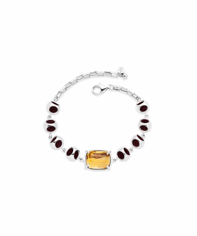 Pulsera Infinity Minute Ámbar en plata de ley 925 con baño de platino y microfibra burdeos