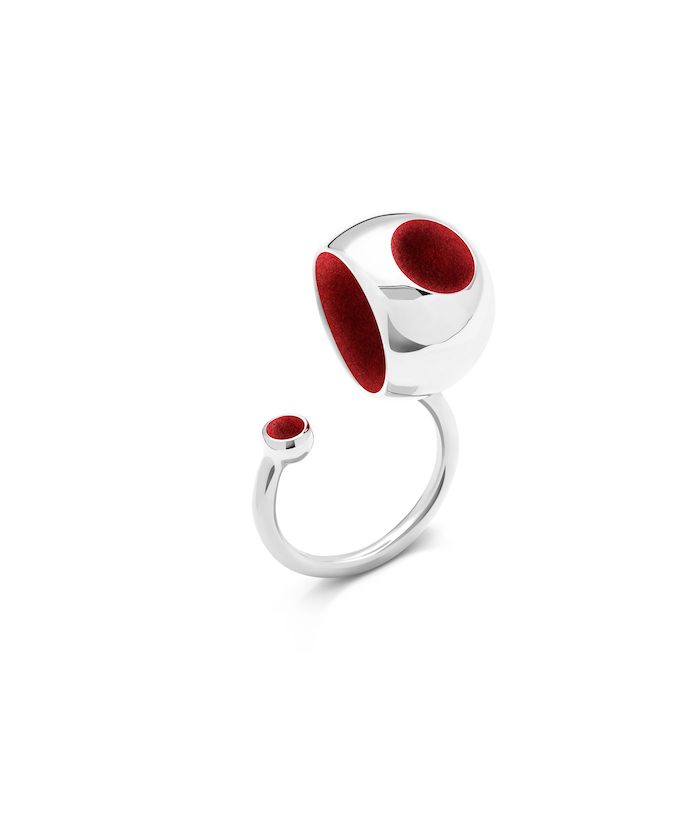 Elegant silver ring with red velvet accents, trendy jewelry for stylish women.