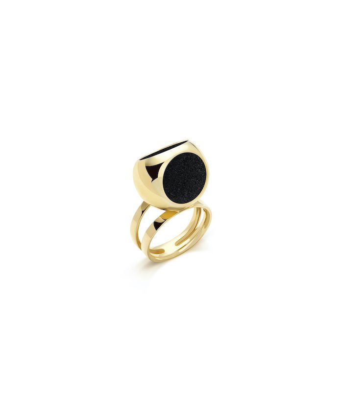 Gold double band ring with black inlay, stylish jewelry for modern fashion.