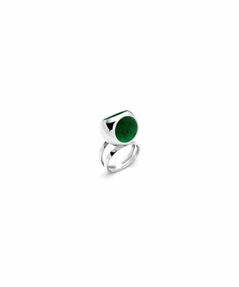 Double Band Ring in 925 sterling silver with platinum plating and green microfiber