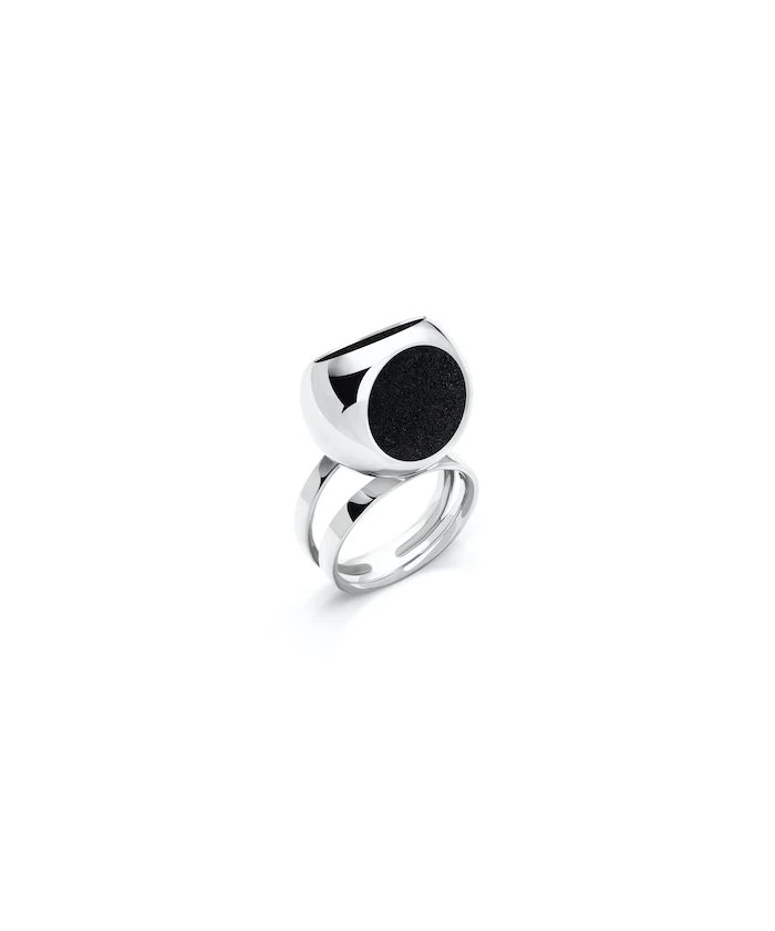 Elegant silver double band ring with black accents, perfect for stylish accessories.