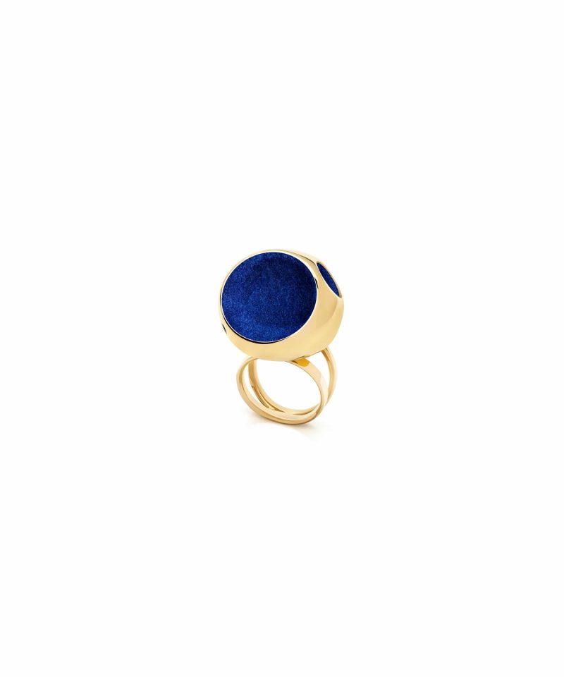 Maxi Cocktail Ring in 925 sterling silver with 18k gold plating and blue microfiber
