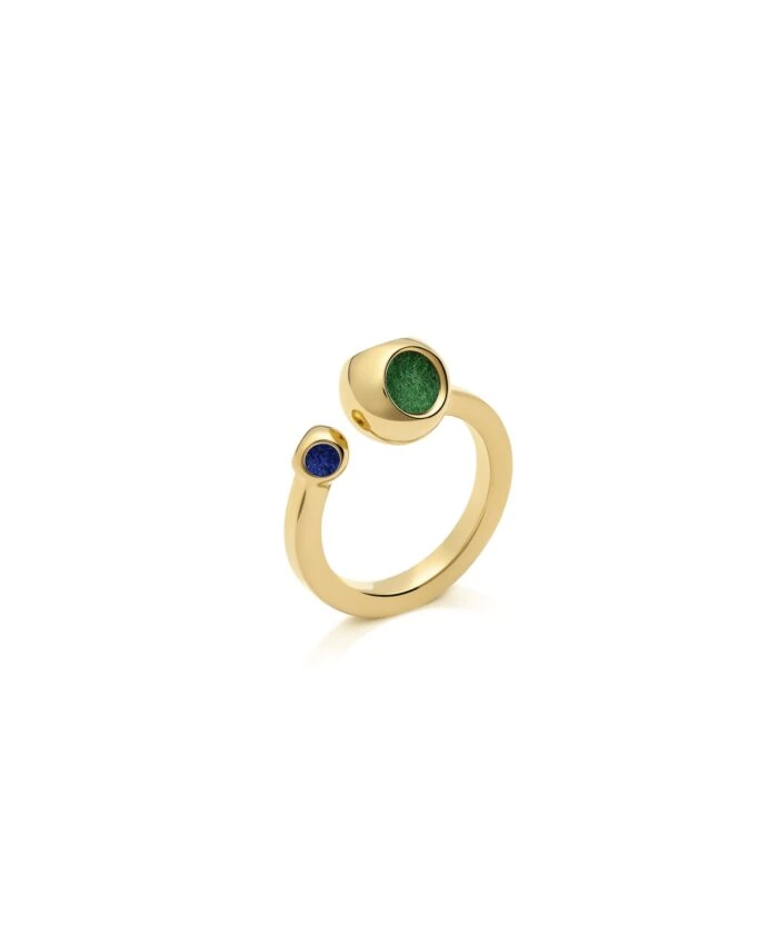 Delicate gold ring featuring green and blue circular accents, perfect for stylish jewelry lovers.