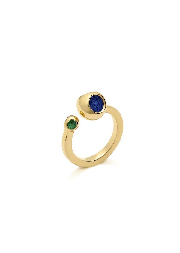 Minute Teeny Ring in 925 sterling silver with 18k gold plating and green and blue microfiber
