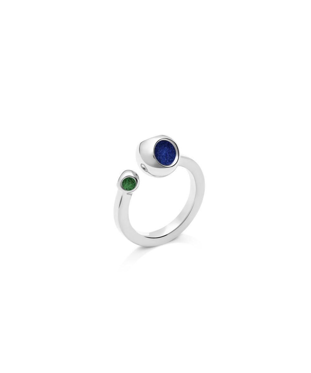 Elegant silver ring with blue and green stone accents for stylish jewelry lovers.