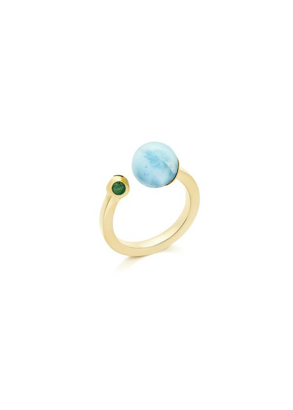 Teeny Larimar Ring in 925 sterling silver with 18k gold plating and green microfiber