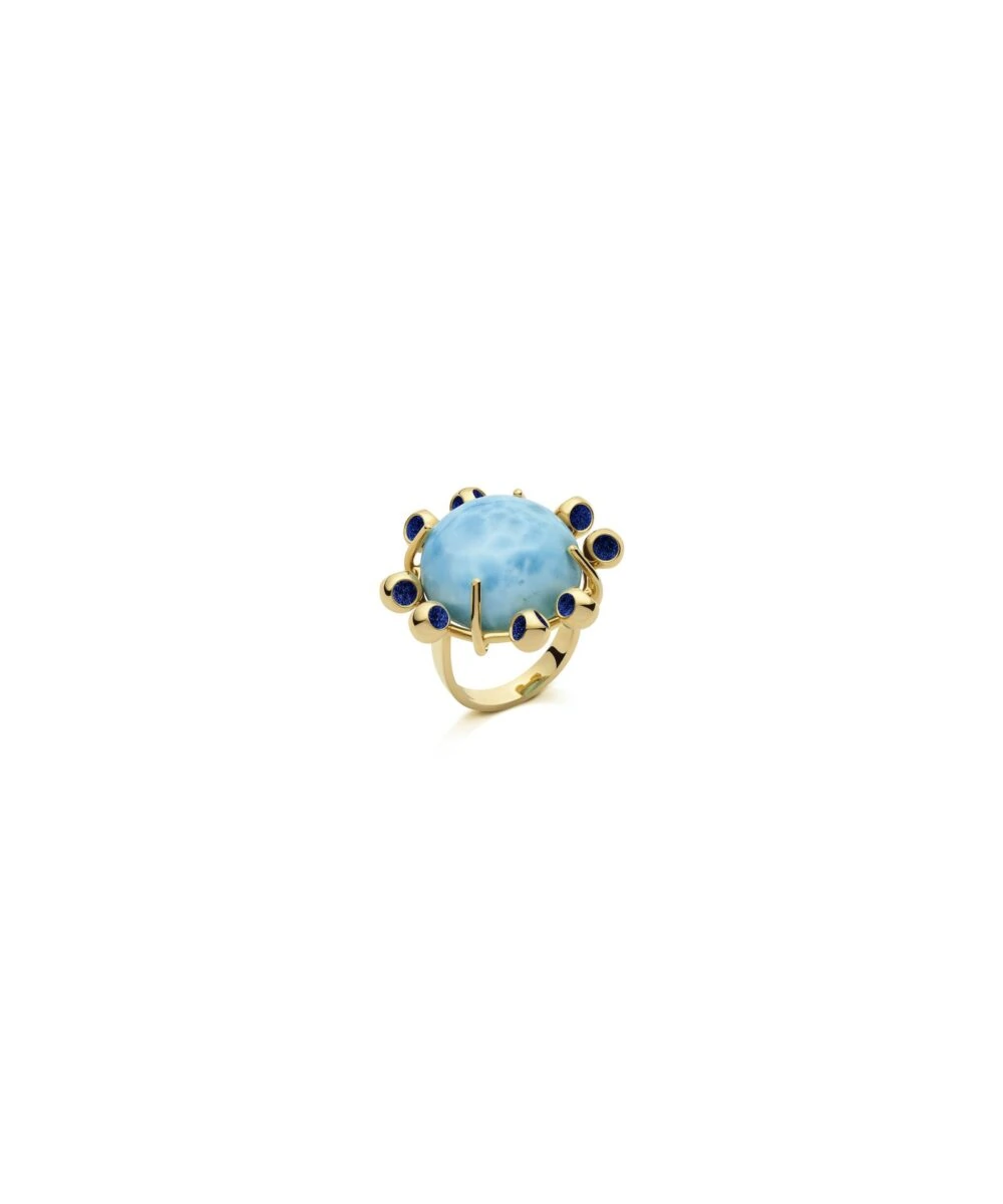 Elegant larimar and sapphire gemstone ring with gold band, stylish jewelry accessory.