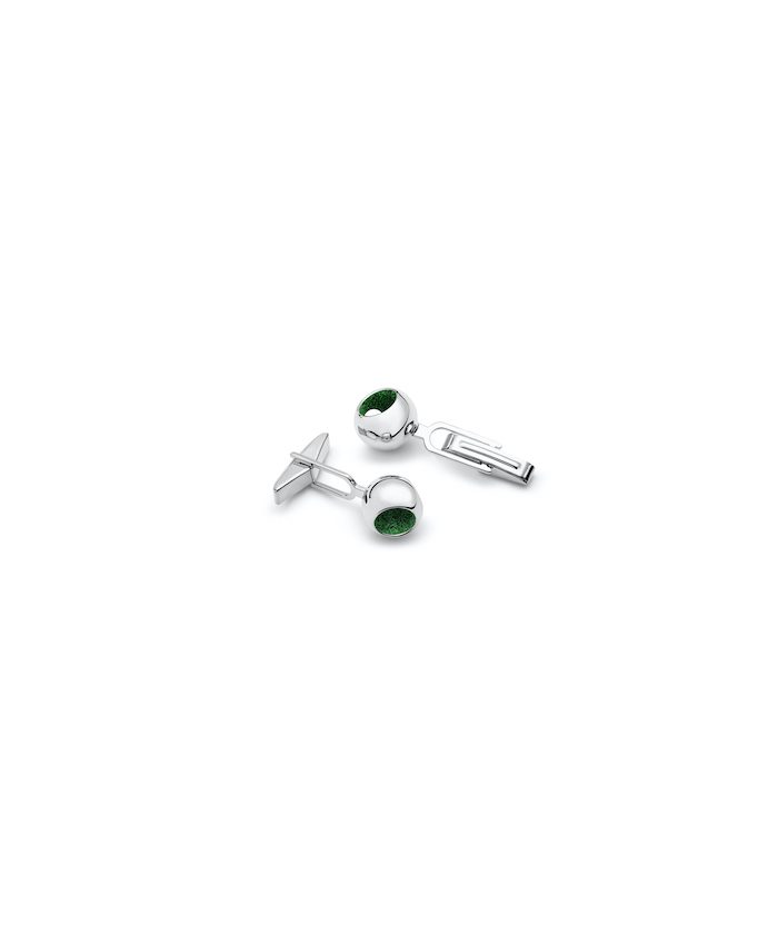 Elegant silver cufflinks with green gemstone details for sophisticated style.