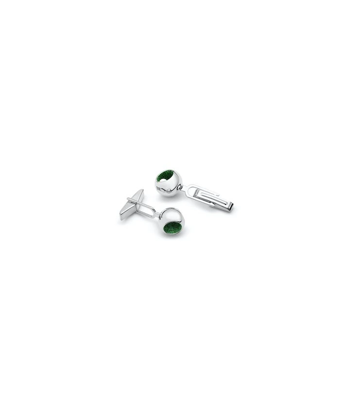 Elegant silver cufflinks with green gemstone details for sophisticated style.