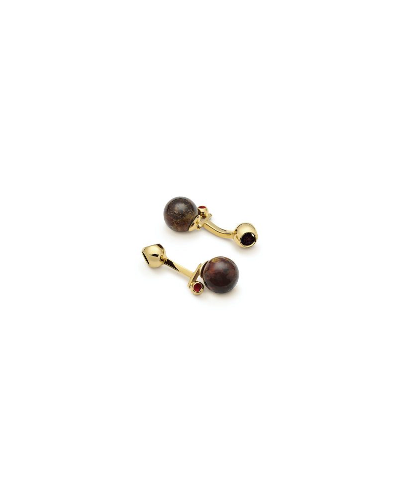 Minute Teeny Amber Cufflinks in 925 sterling silver with 18k gold plating and burgundy and red microfiber