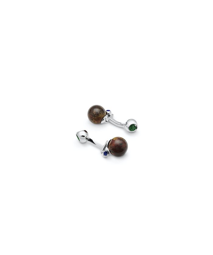 Amber cufflinks featuring natural brown stones with green and blue gemstone details, ideal for men's accessories.