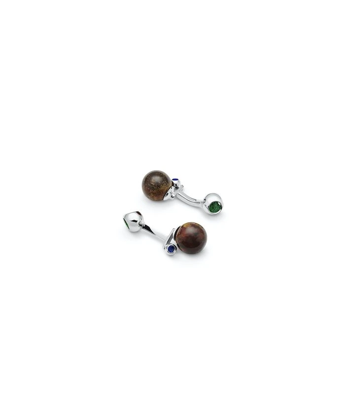 Amber cufflinks featuring natural brown stones with green and blue gemstone details, ideal for men's accessories.