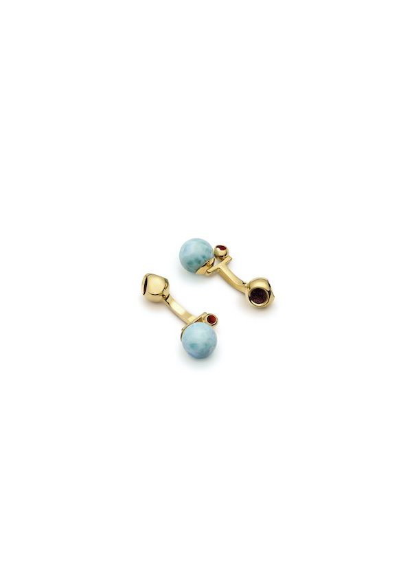Minute Teeny Larimar Cufflinks in 925 sterling silver with 18k gold plating and burgundy and red microfiber