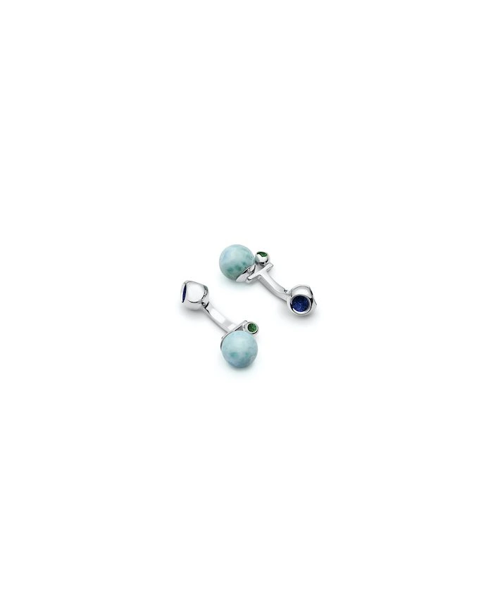 Larimar cufflinks featuring blue and green gemstones, perfect for formal occasions and stylish outfits.