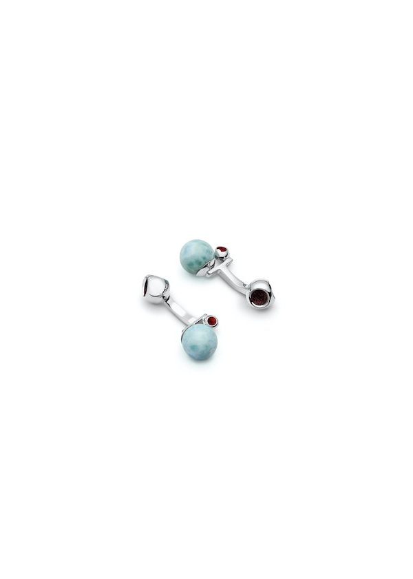 Minute Teeny Larimar Cufflinks in 925 sterling silver with platinum plating and burgundy and red microfiber