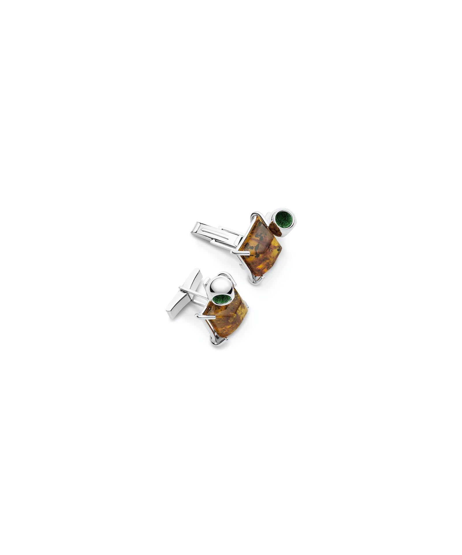 Amber Cufflinks Elegant amber and green gemstone cufflinks with silver accents for men's formal style.