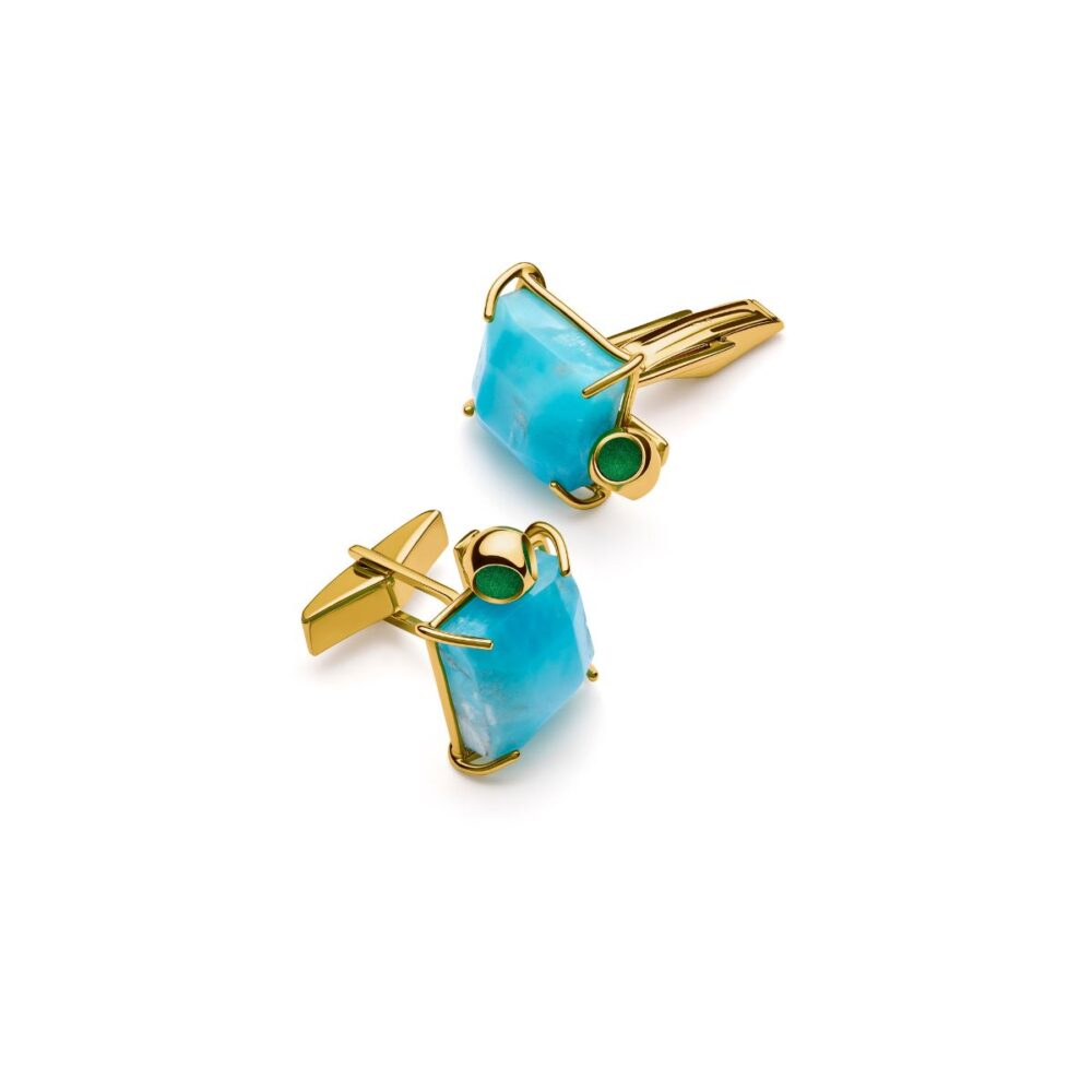 Elegant blue lapis lazuli cufflinks with gold setting and green accents, perfect for sophisticated men's accessories.