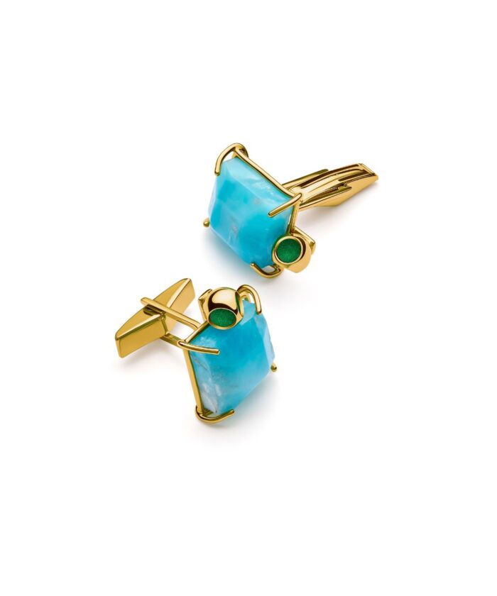 Elegant blue lapis lazuli cufflinks with gold setting and green accents, perfect for sophisticated men's accessories.