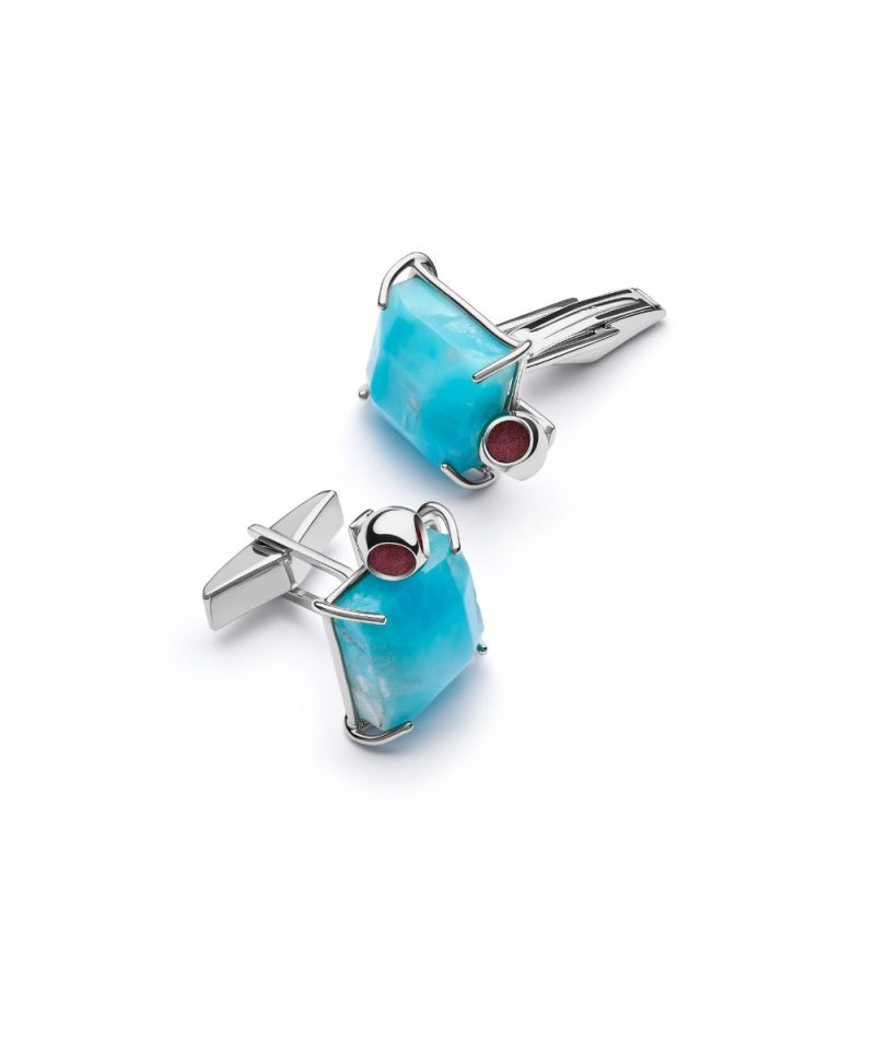 Rise Larimar Cufflinks in 925 sterling silver with platinum plating and burgundy microfiber