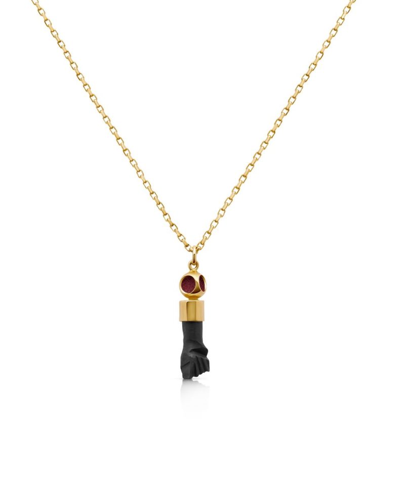 Azabache Beads Necklace in 925 sterling silver with 18k gold plating and burgundy microfiber