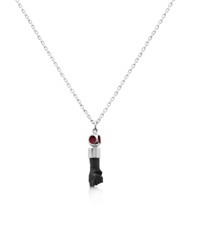 Azabache Beads Necklace in 925 sterling silver with platinum plating and burgundy microfiber