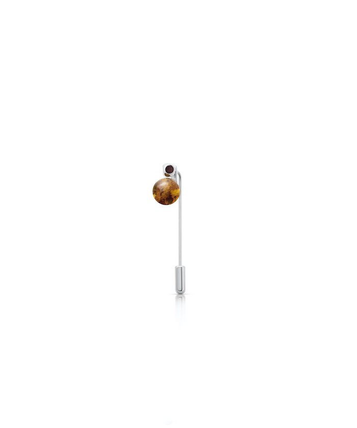 Amber jewelry pin with sleek silver design, perfect for elegant accessories.