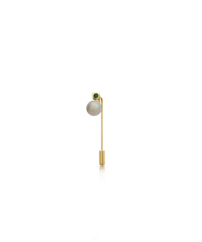 Elegant moonstone and green gem jewelry pin for women. Unique teeny moonstone design with gold accents.