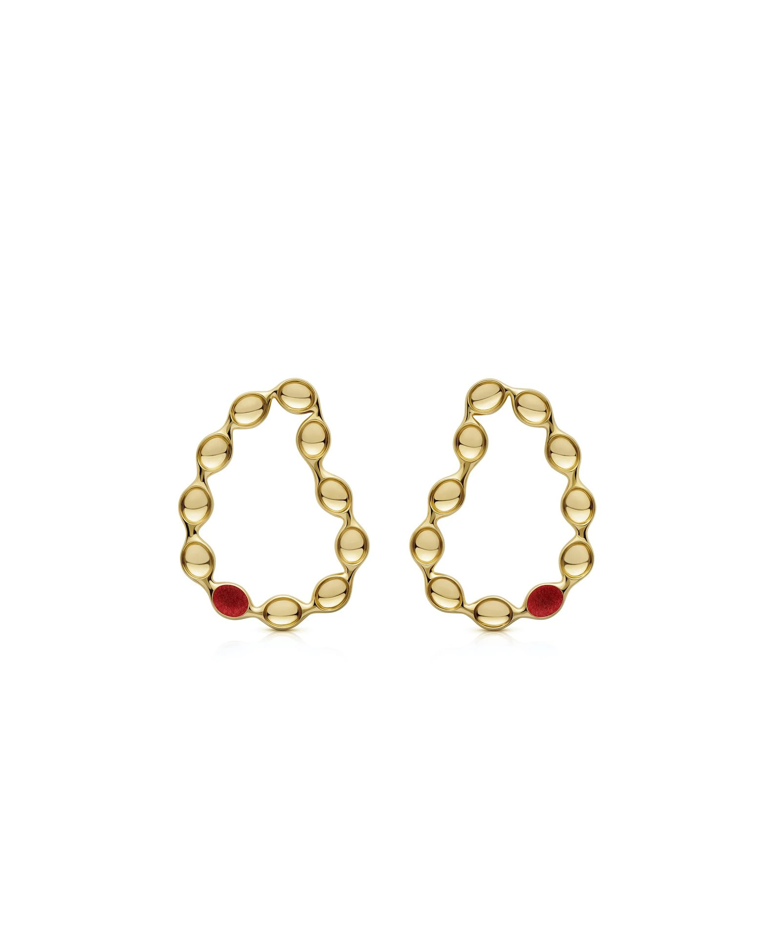 Whimsical Gold Hoop Earrings with Red Accents Elegant gold hoop earrings featuring playful red embellishments for a whimsical style.
