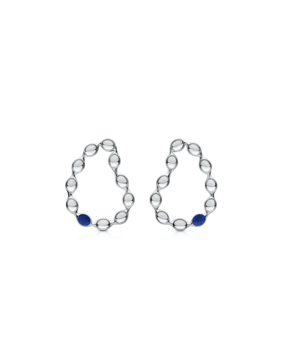 Elegant silver hoop earrings with blue accents, perfect for a chic and playful look.