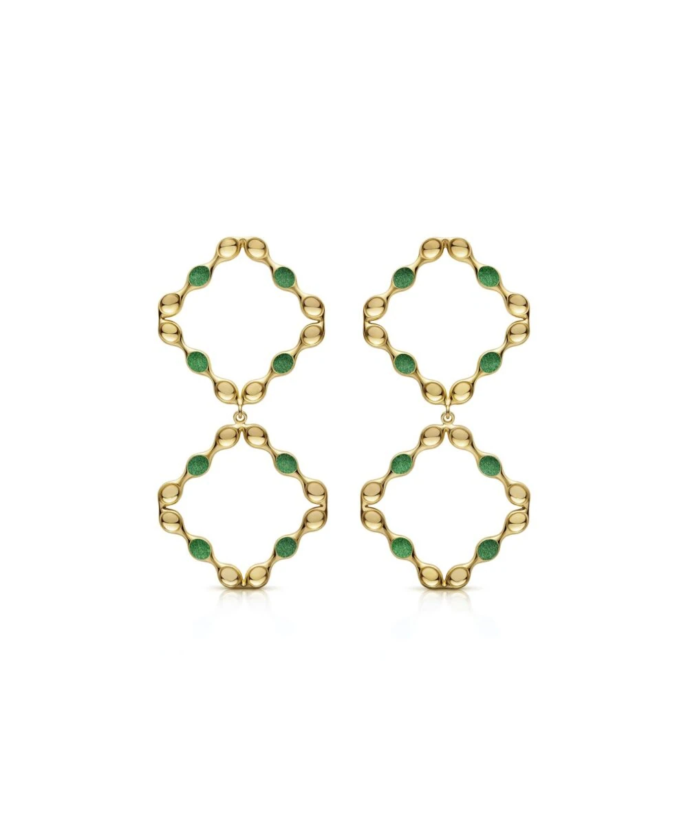 Elegant gold mirror earrings with green accents for a bold fashion statement. Perfect for accessorizing any outfit.