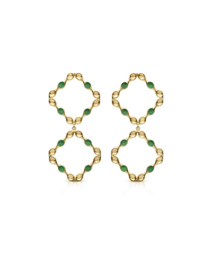 Elegant gold mirror earrings with green accents for a bold fashion statement. Perfect for accessorizing any outfit.