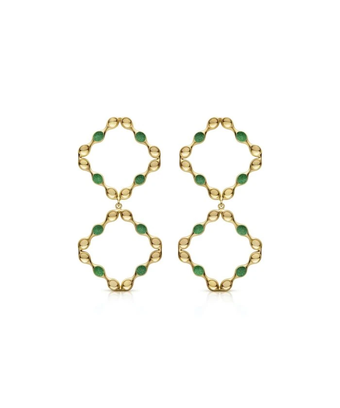 Elegant gold mirror earrings with green accents for a bold fashion statement. Perfect for accessorizing any outfit.