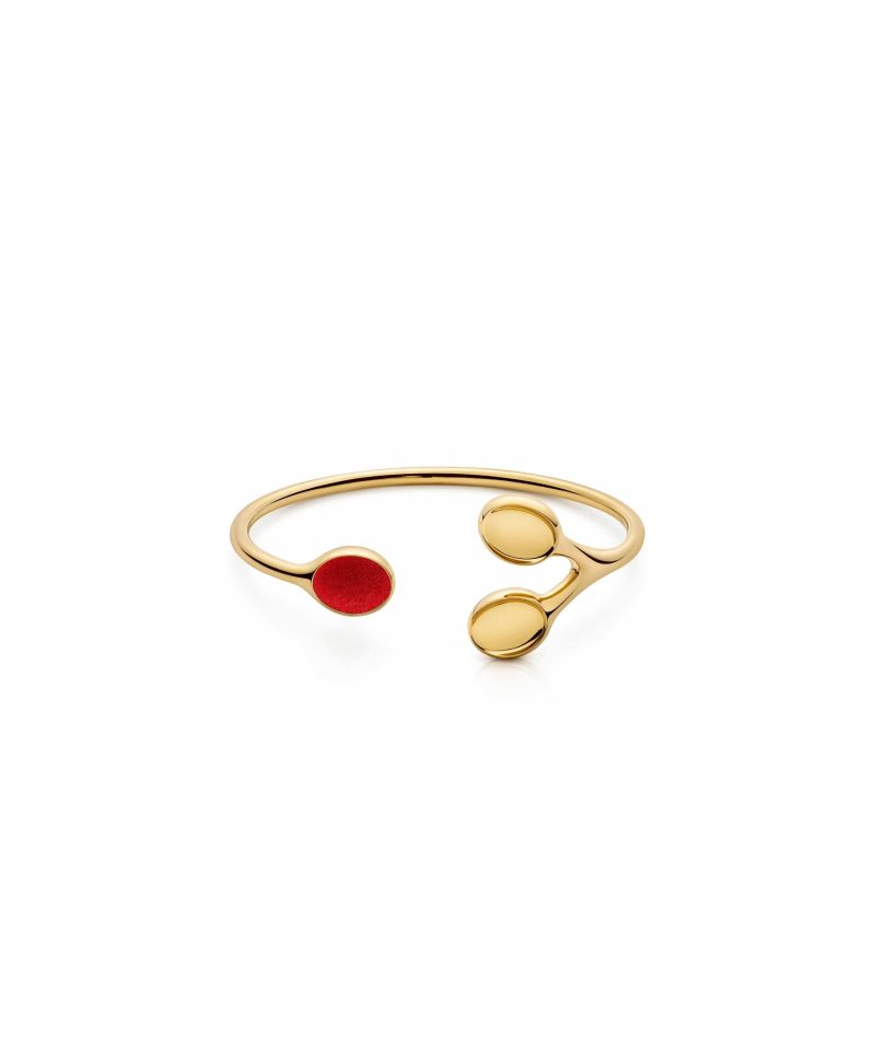 Trilogy Balance Bangle in 925 sterling silver with 18k gold plating and red microfiber