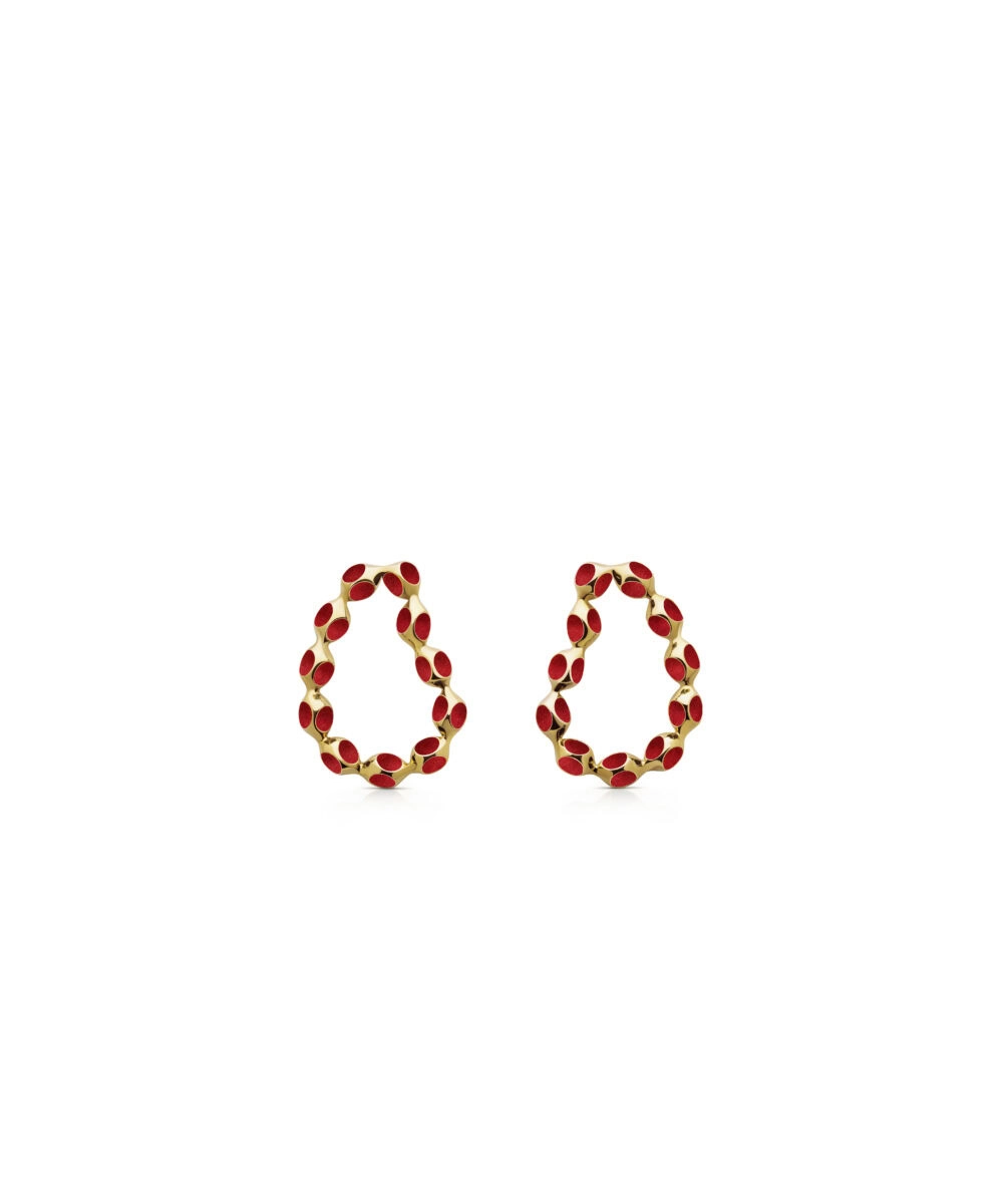 Elegant red and gold hoop earrings with a playful, whimsical design. Perfect for stylish accessories.
