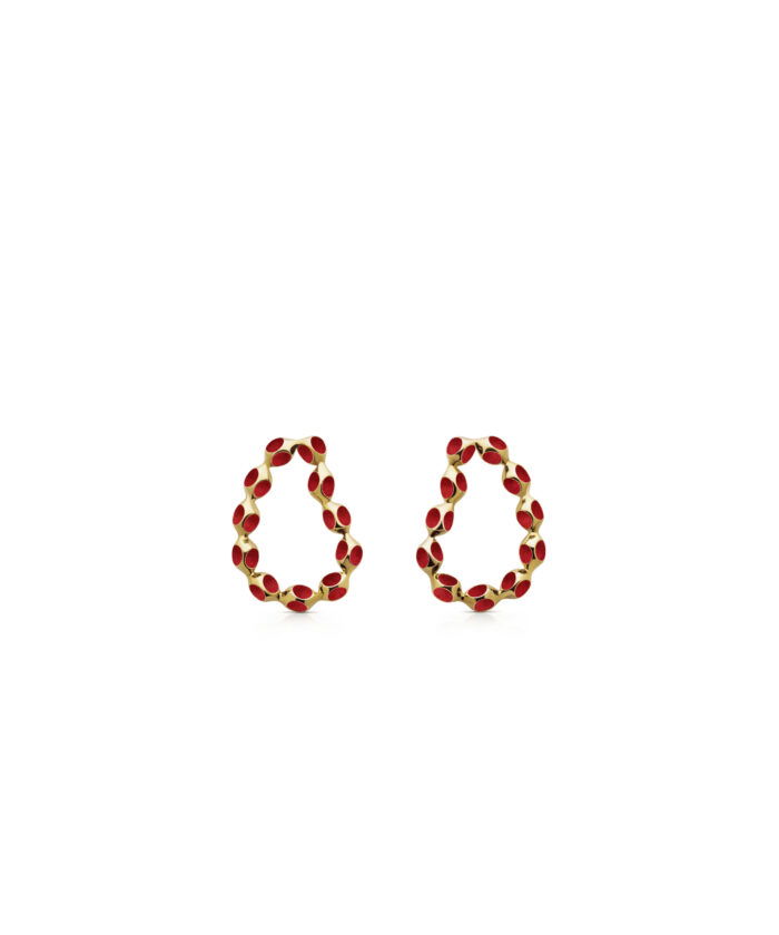 Elegant red and gold hoop earrings with a playful, whimsical design. Perfect for stylish accessories.