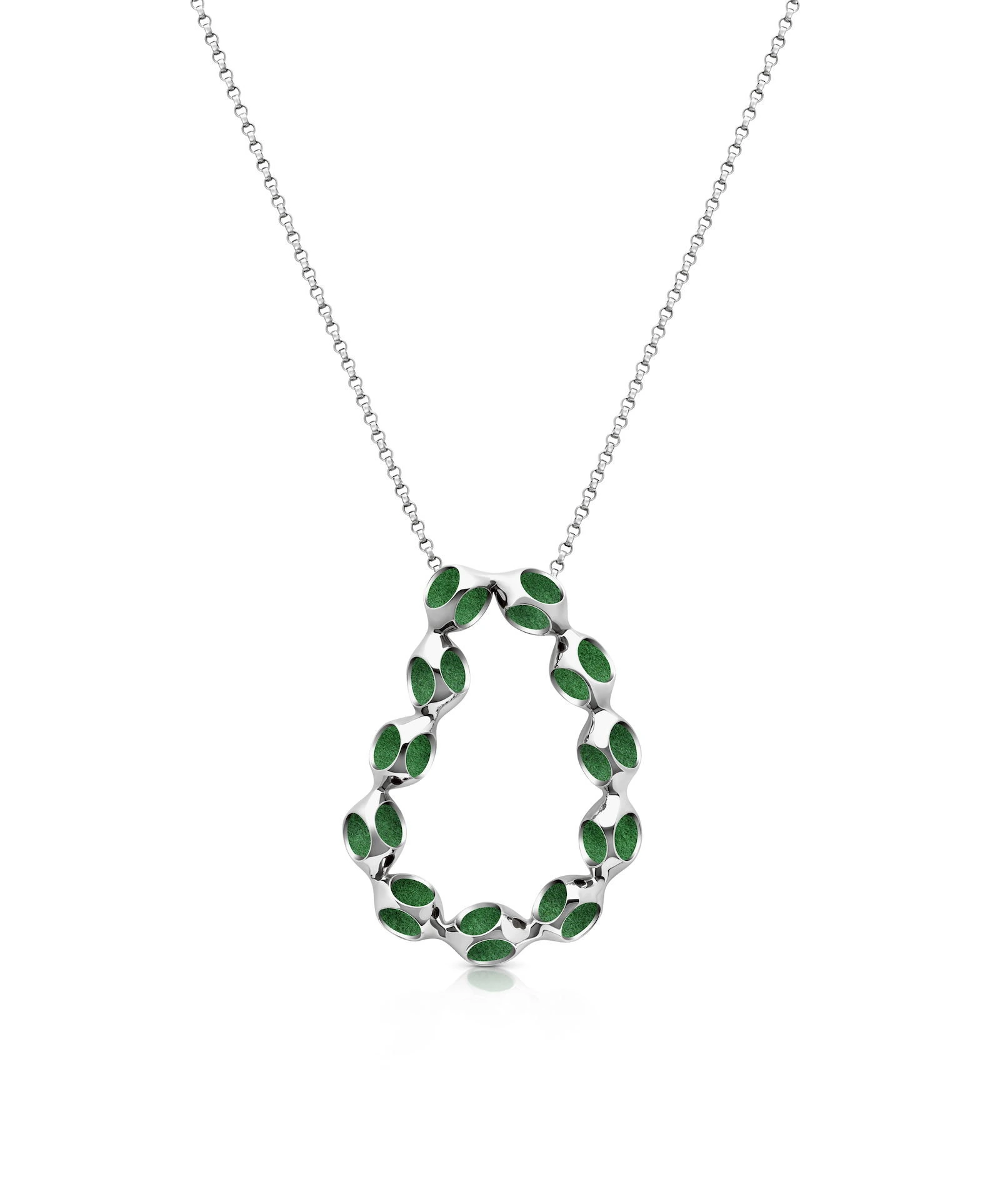 Nova Whimsical Necklace Elegant jewelry featuring a modern silver pendant with vibrant green enamel details.