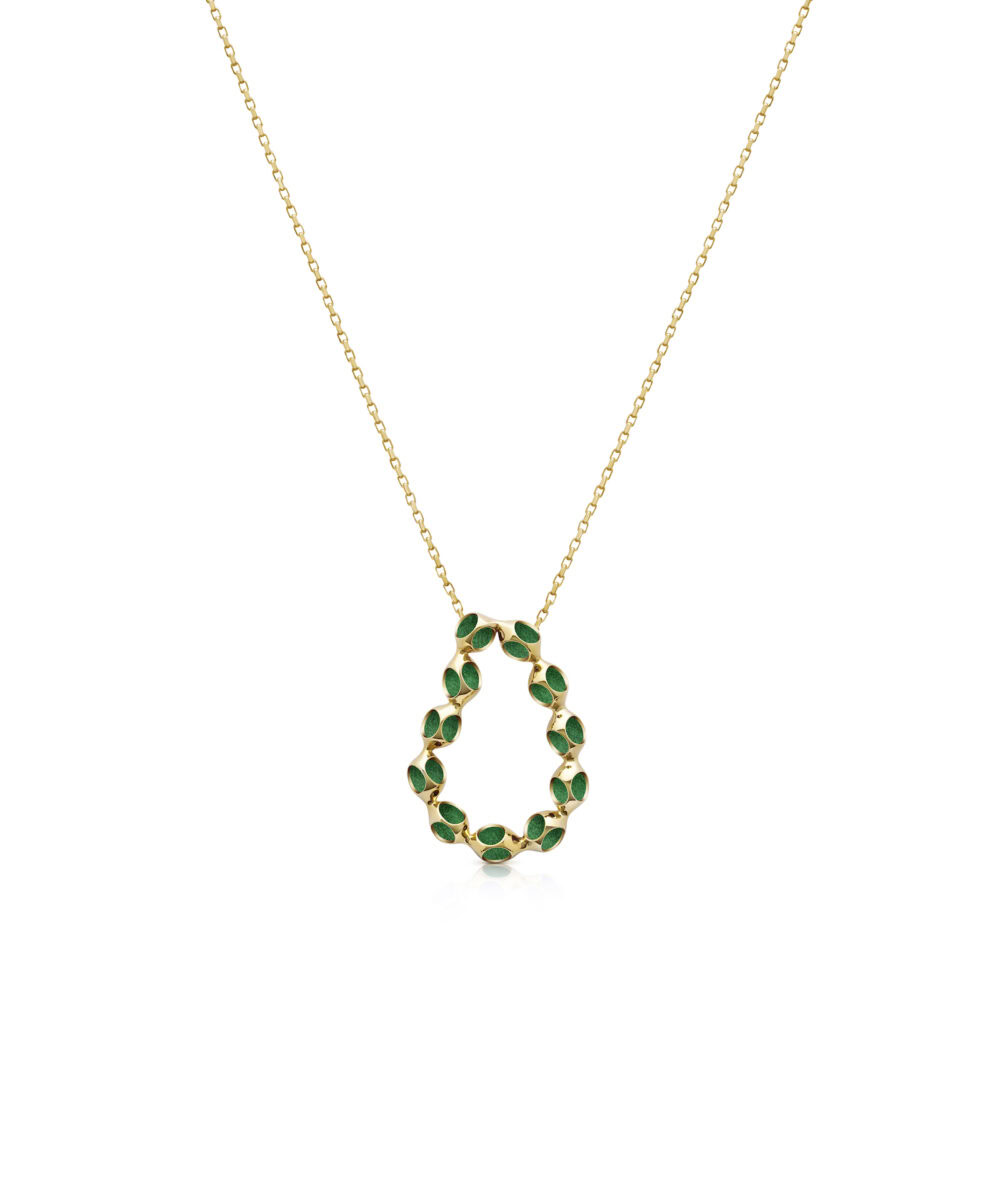 Elegant gold necklace with a green enamel oval-shaped pendant, perfect for stylish accessories.