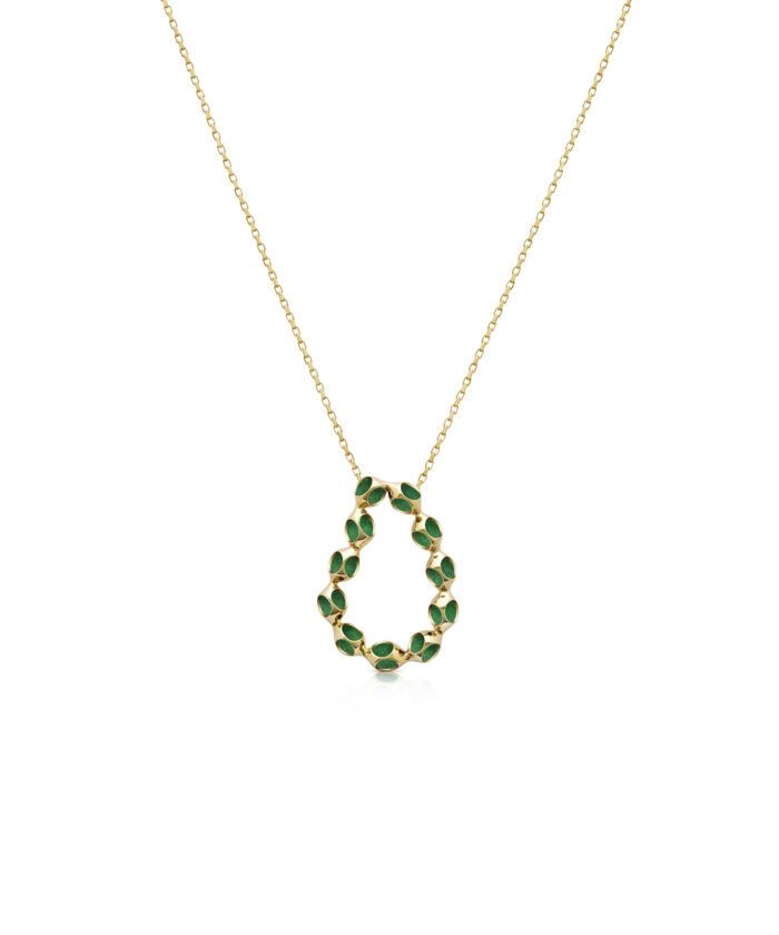 Elegant gold necklace with a green enamel oval-shaped pendant, perfect for stylish accessories.