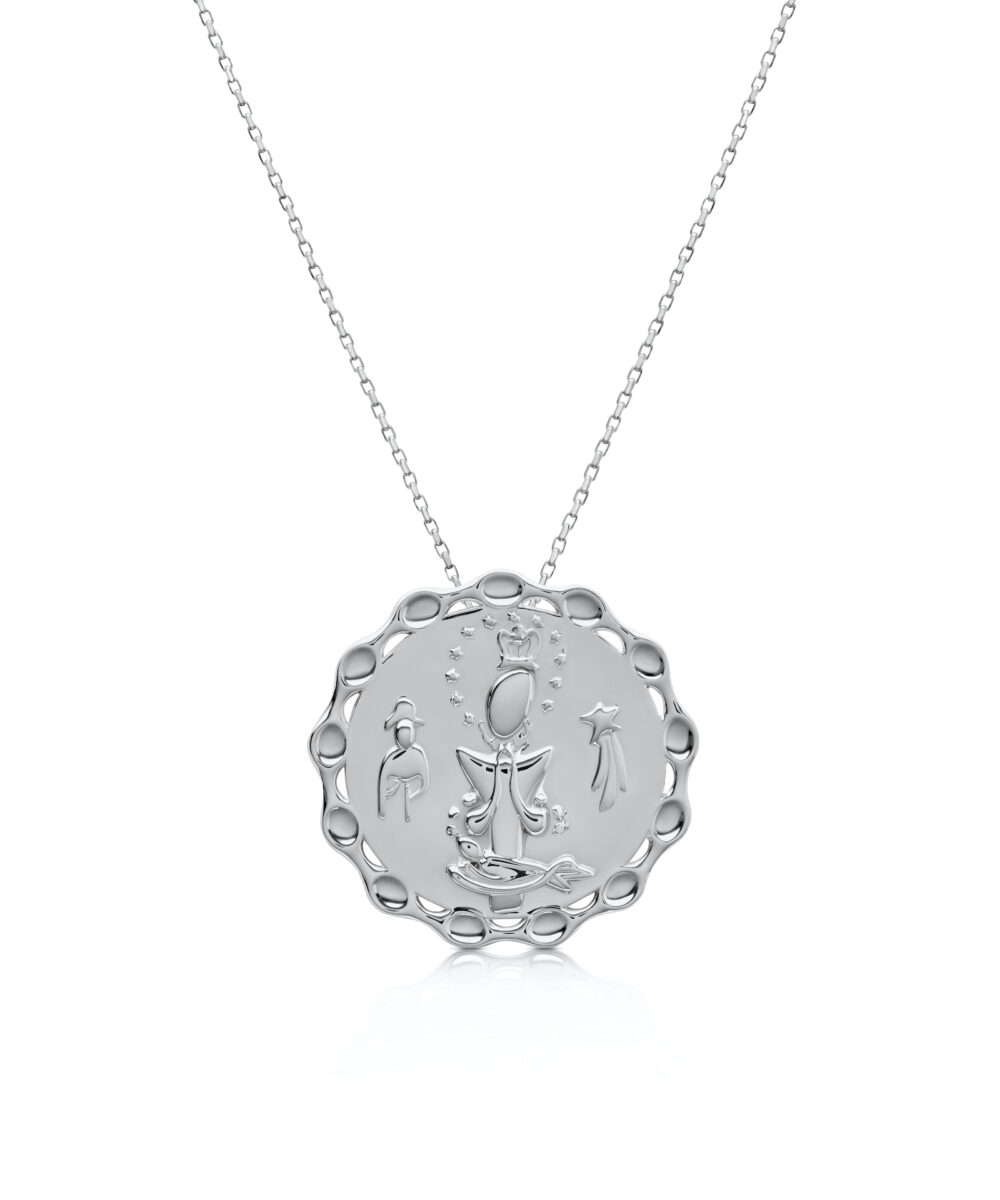 Sterling silver La Altagracia medallion necklace with religious icons and detailed design.