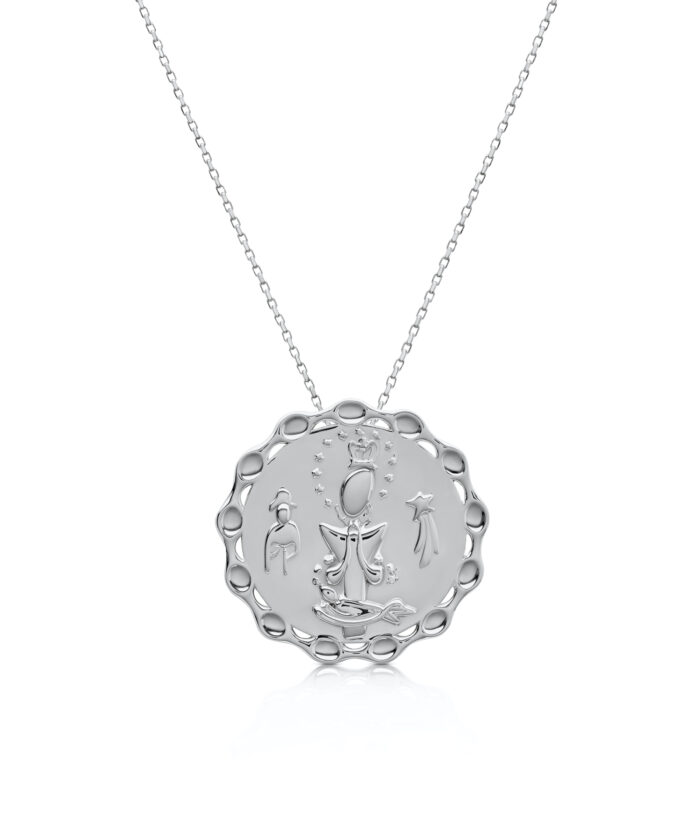 Sterling silver La Altagracia medallion necklace with religious icons and detailed design.