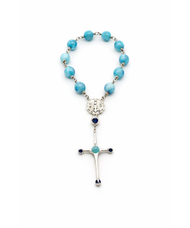 Larimar Decade Rosary in 925 sterling silver with platinum plating