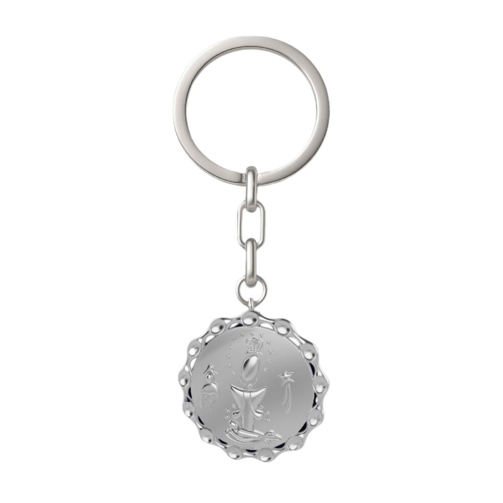 Silver keychain featuring Altagracia Medal, a religious accessory, ideal for devotion and protection.