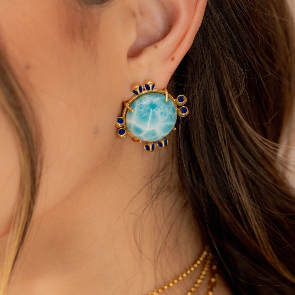 Elegant Larimar and blue gemstone earrings, perfect for summery fashion statements.
