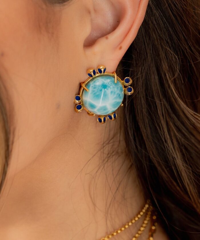 Elegant Larimar and blue gemstone earrings, perfect for summery fashion statements.