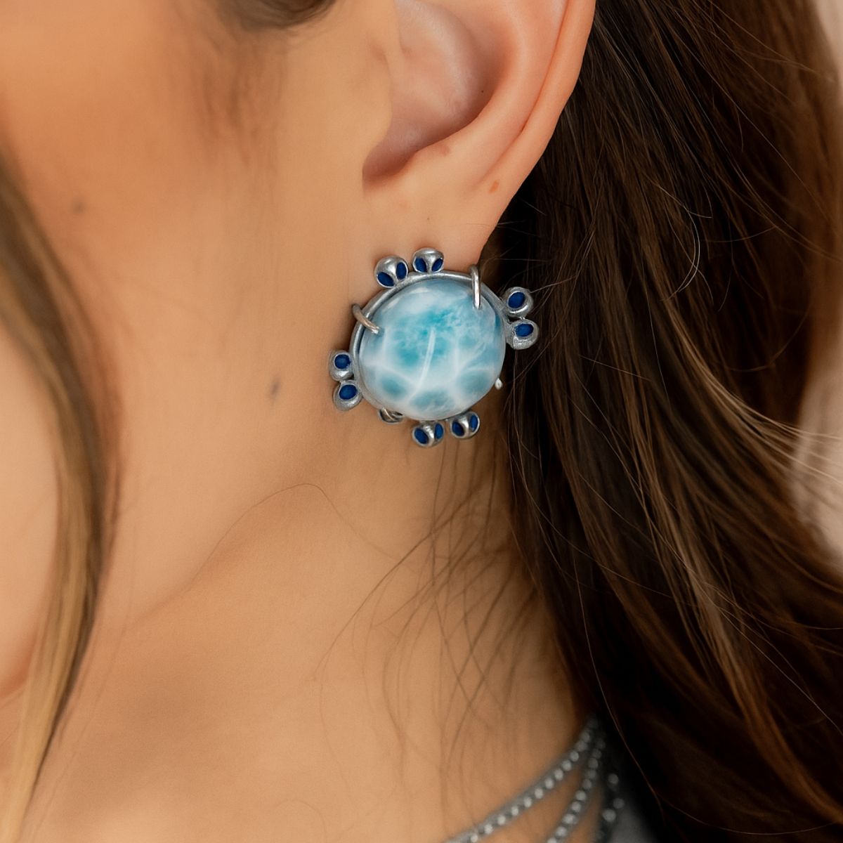 Elegant Larimar Earrings with Blue accents Beautiful Larimar gemstone earring with blue detailing, perfect for stylish jewelry lovers.