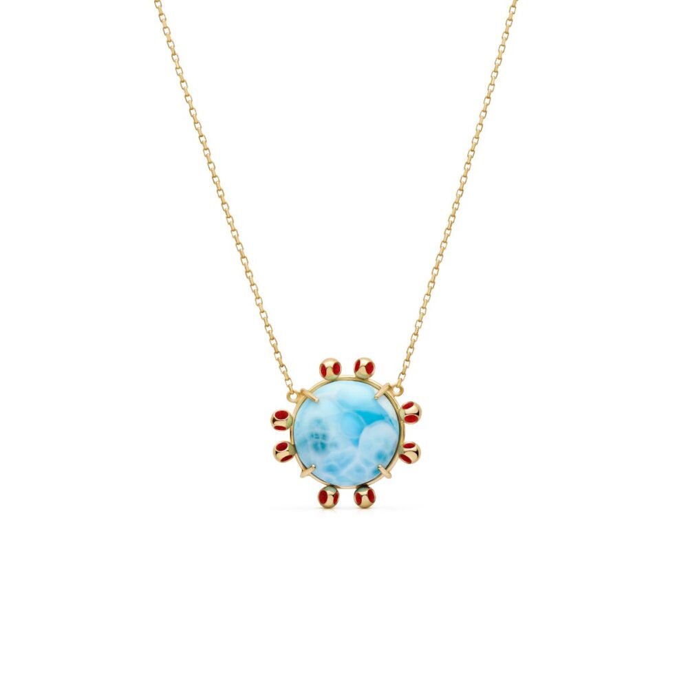 Elegant Larimar pendant necklace with red accents, perfect for stylish beach or summer looks.
